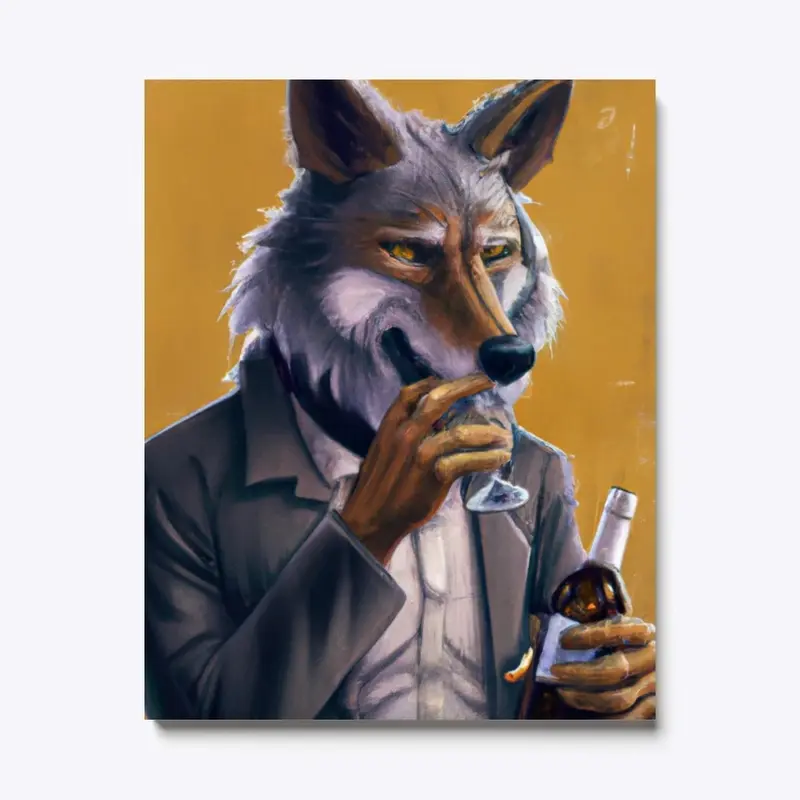 Wolf Drinking Wine Canvas